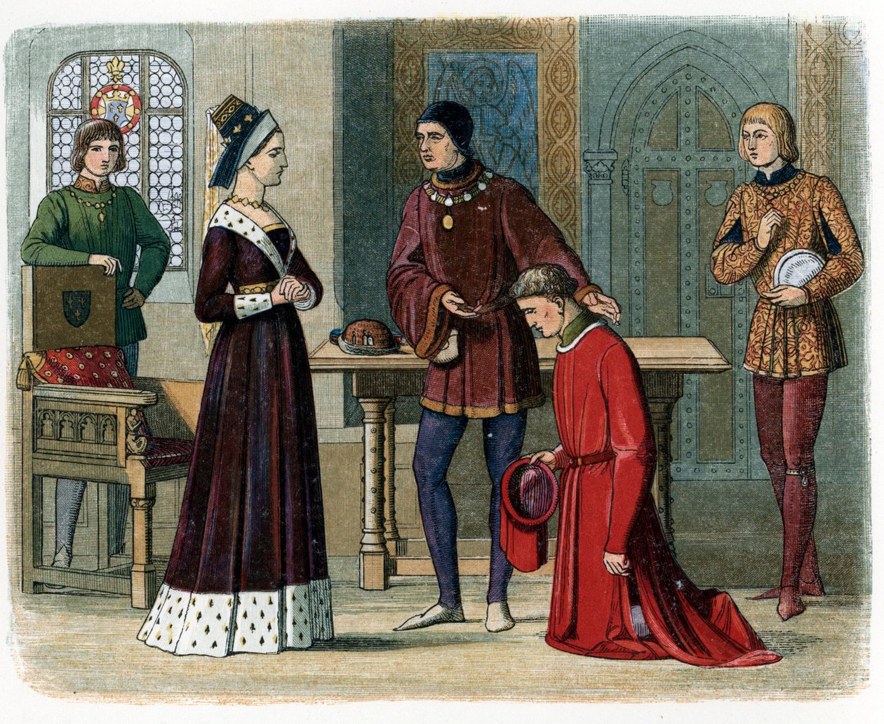 Warwick Kontu Richard Neville'in Margaret of Anjou ile Uzlaşması, James Doyle'un 'A Chronicle of England'ından bir örnek by English School