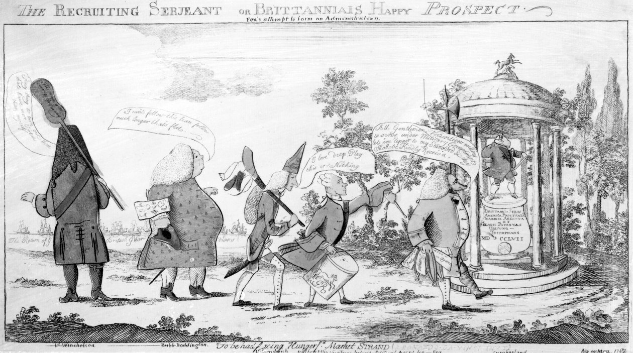 Acemi Çavuş veya Britannias Mutlu Beklenti, George Townshend tarafından yapılan baskı, 1757 by English School