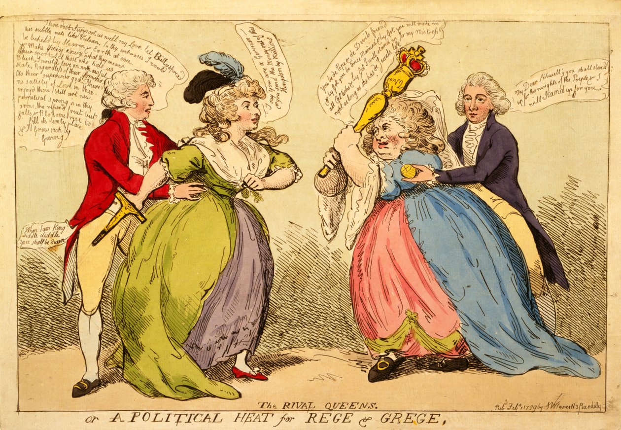 Rakip Kraliçeler veya Rege ve Grege için Siyasi Ateş, 1789 (el boyaması gravür) by English School