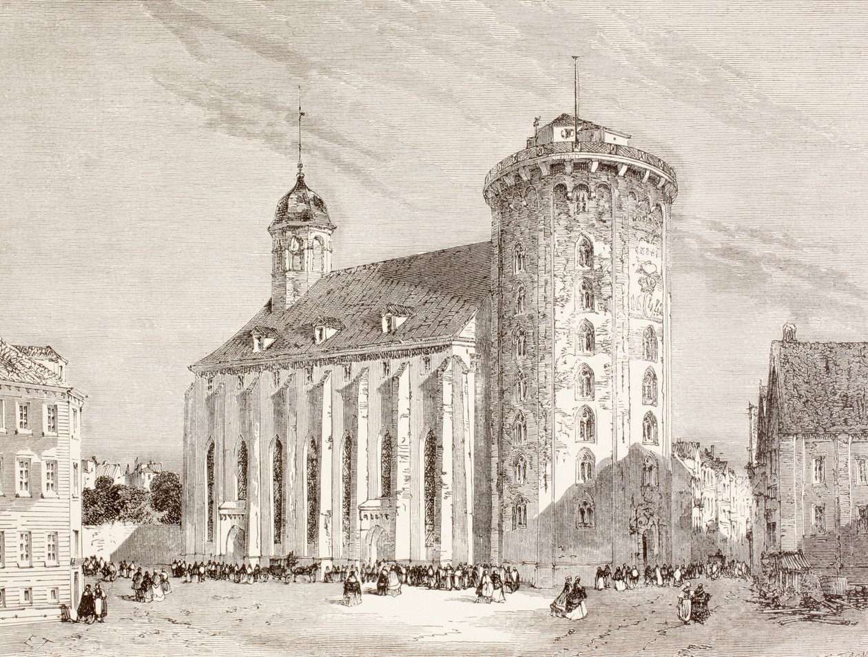 On dokuzuncu yüzyılda Kopenhag, Danimarka'daki Rundetarn veya Yuvarlak Kule (litho) by English School