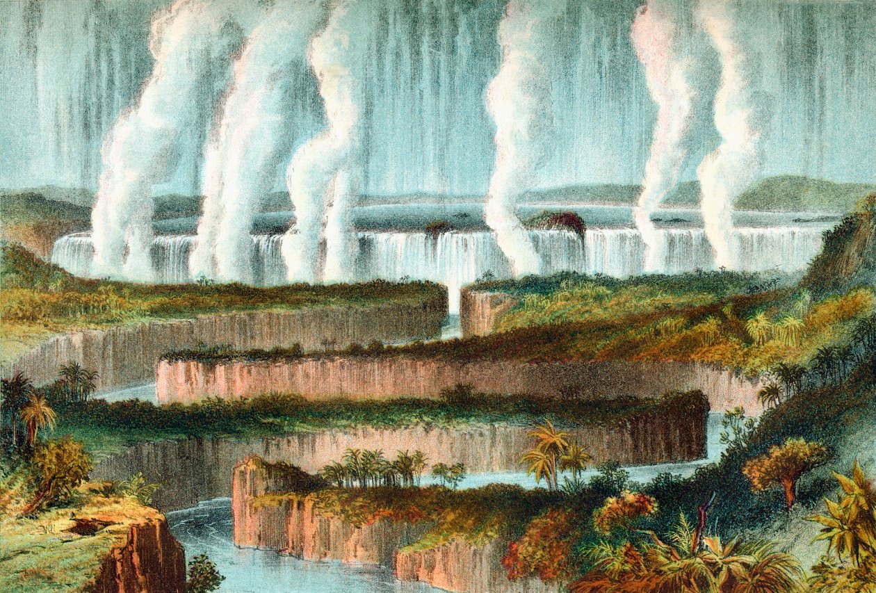 19. yüzyılda Victoria Şelaleleri veya Mosi-oa-Tunya, Zambezi Nehri, Zimbabve, Güney Afrika. The Life and Explorations of Dr. Livingstone'dan c.1875 yayınlandı. by English School