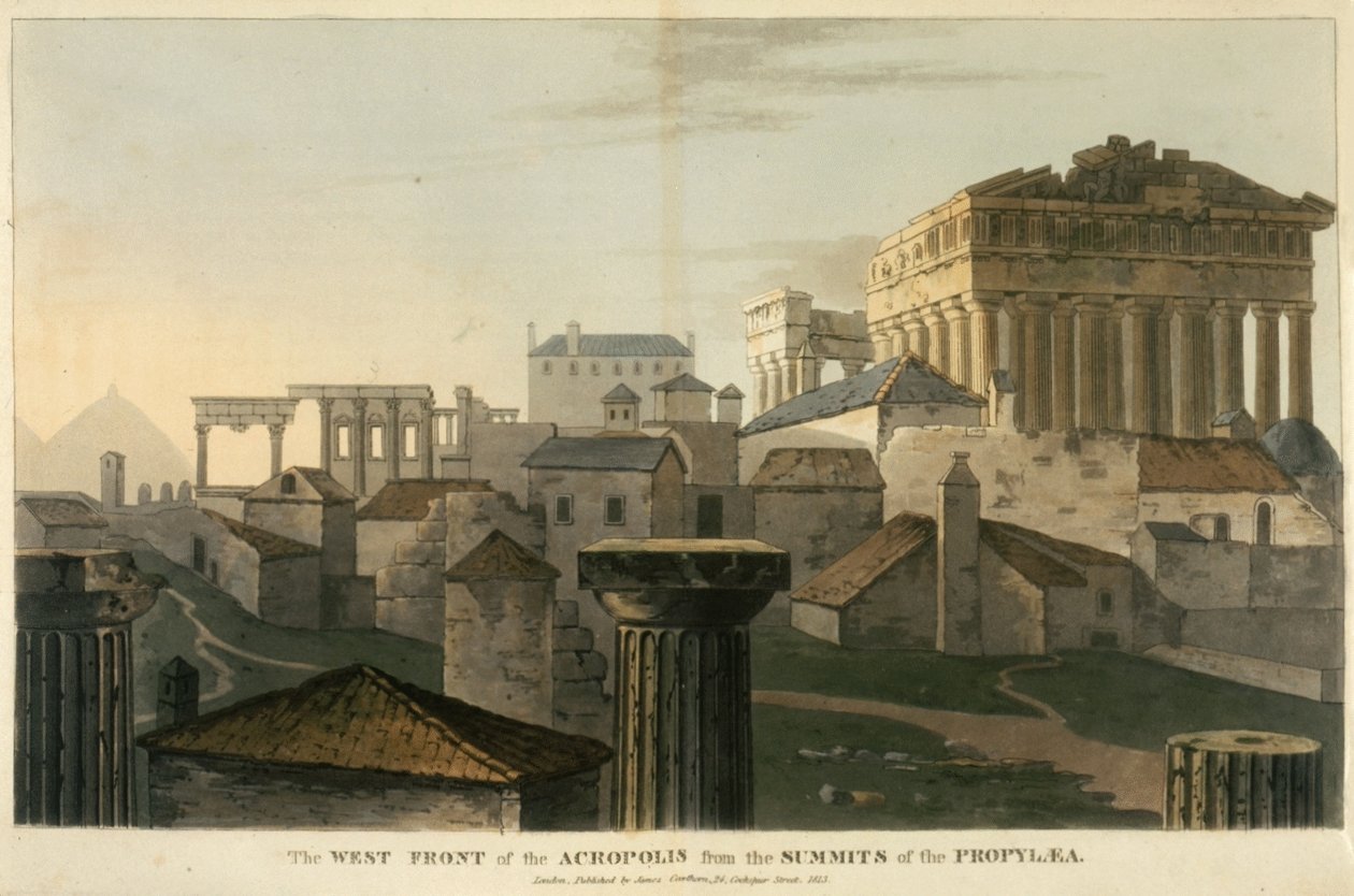 Propylea'nın zirvelerinden Akropolis'in Batı Cephesi, JC Hobhouse'un '1809-1810 yıllarında Arnavutluk'tan ve diğer vilayetlerden... Konstantinopolis'e bir yolculuk'tan illüstrasyon by English School