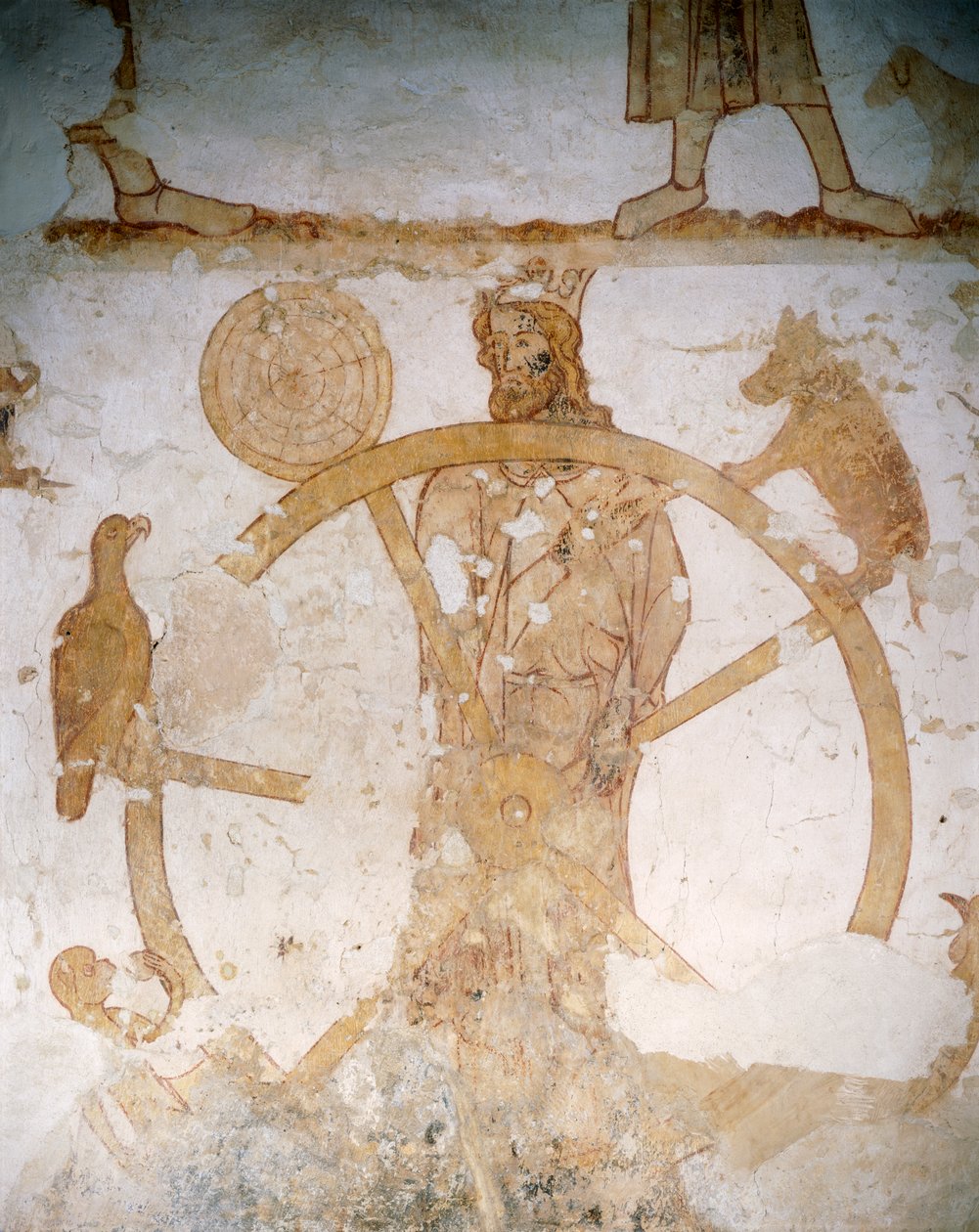 Beş Duyu Çarkı - bir maymun, akbaba, örümcek ağı, yaban domuzu ve horoz (fresk) by English School