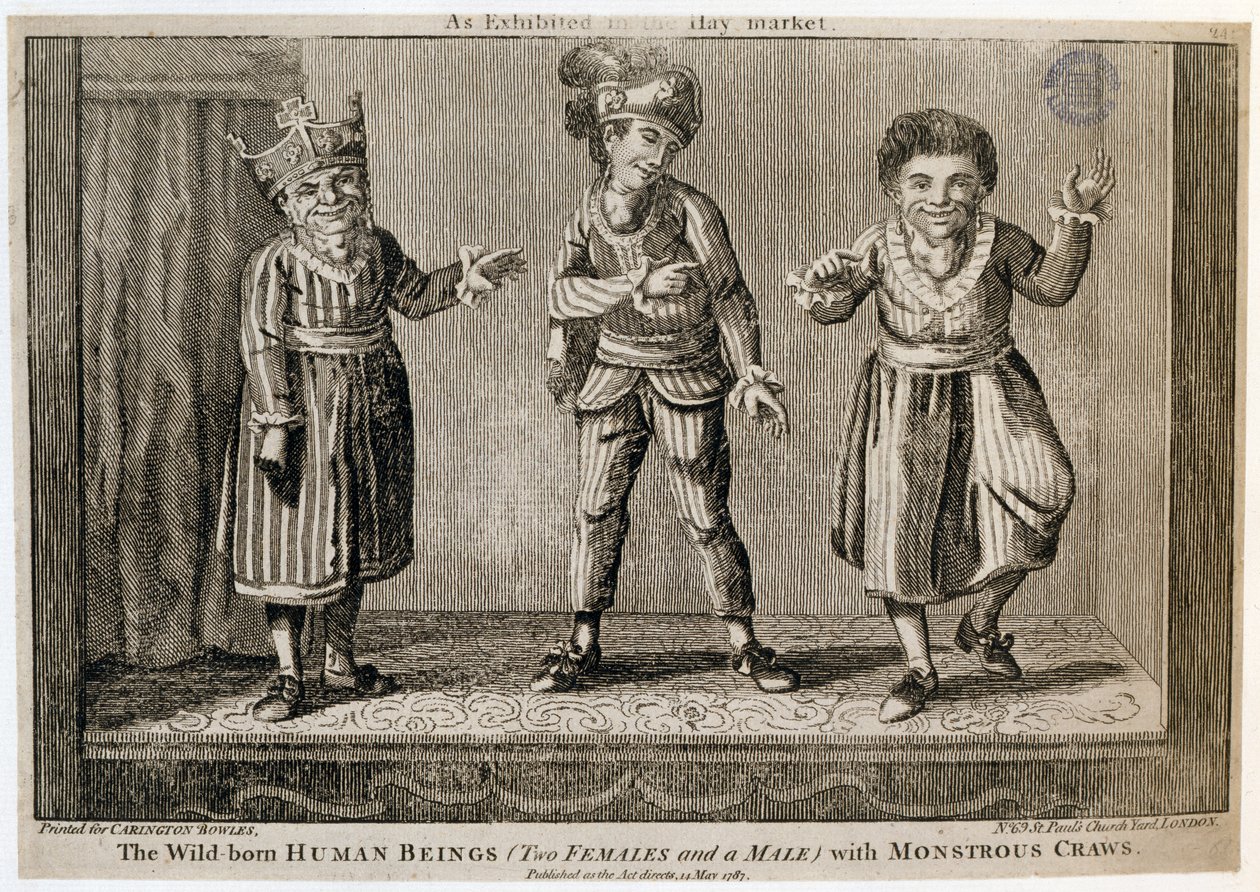 Vahşi Doğan İnsanlar (İki Dişi ve Bir Erkek), Haymarket'te Sergilendiği Gibi Canavar Sürüngenlere Sahip, Carington Bowles için basılmış, 1787 by English School