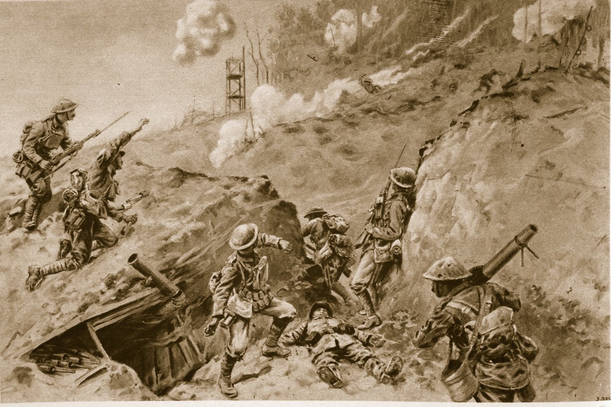 Alman siperleri boyunca çalışan İngiliz bombardıman uçakları Oppy Wood'a yol açan korkunç oyuklar, 1914-19 by English School