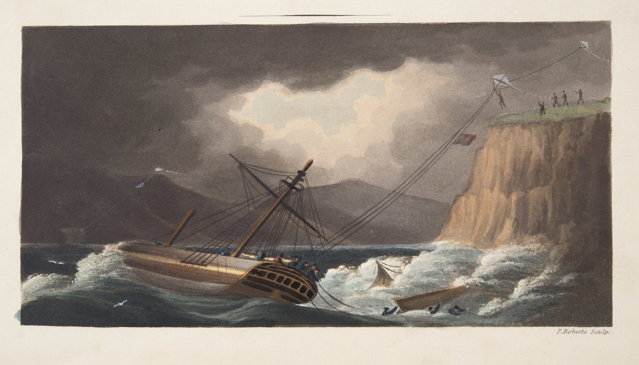 "Henüz denenen şeyler", Milton, "The Aeropleustic Art, or Navigation by the Use of Kites, or Buoyant Sails, yayın. 1827 (el renginde aquatint)" adlı eserin ön sayfasından detay by English School