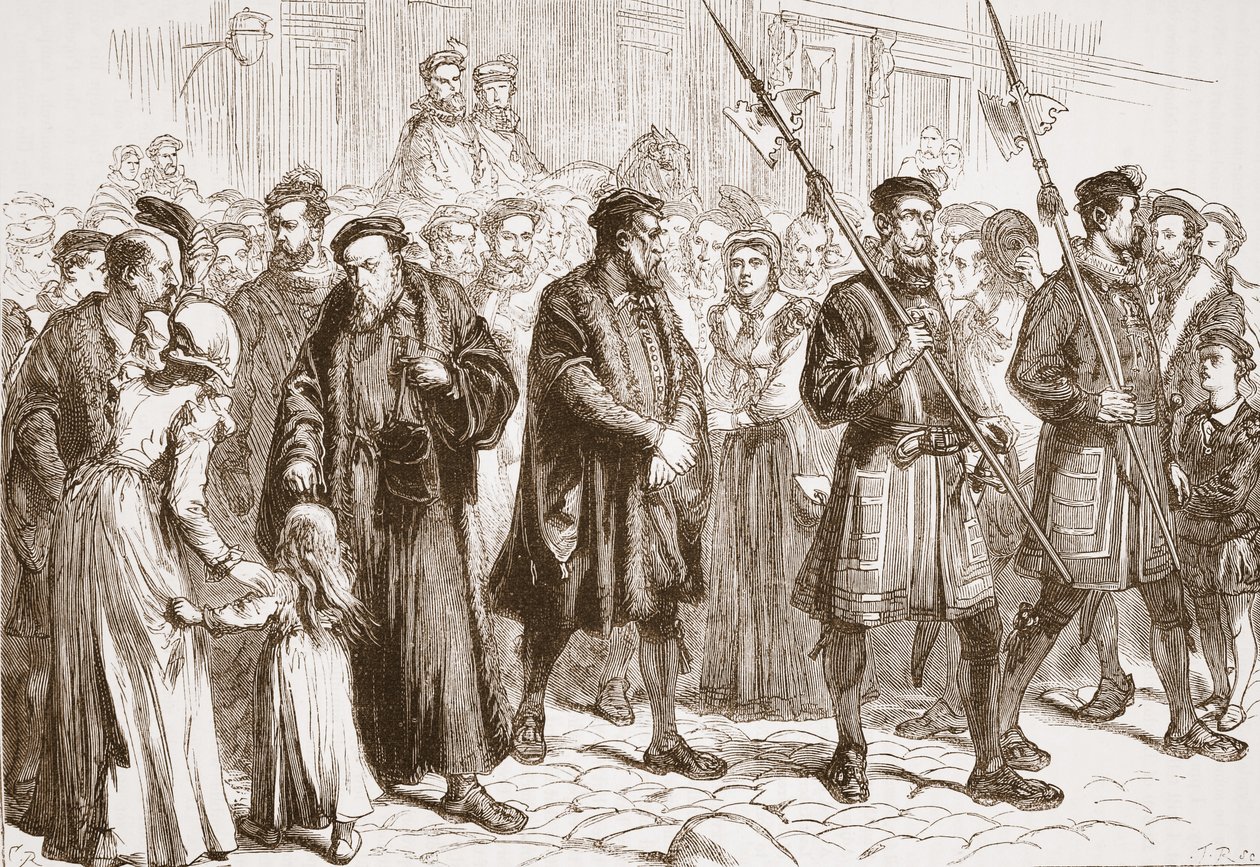 Thomas Bilney kazığa giderken, James Aitken Wylie'nin (1808-1890) 'Protestanlığın Tarihi'nden bir çizim, pub. 1878 (gravür) by English School