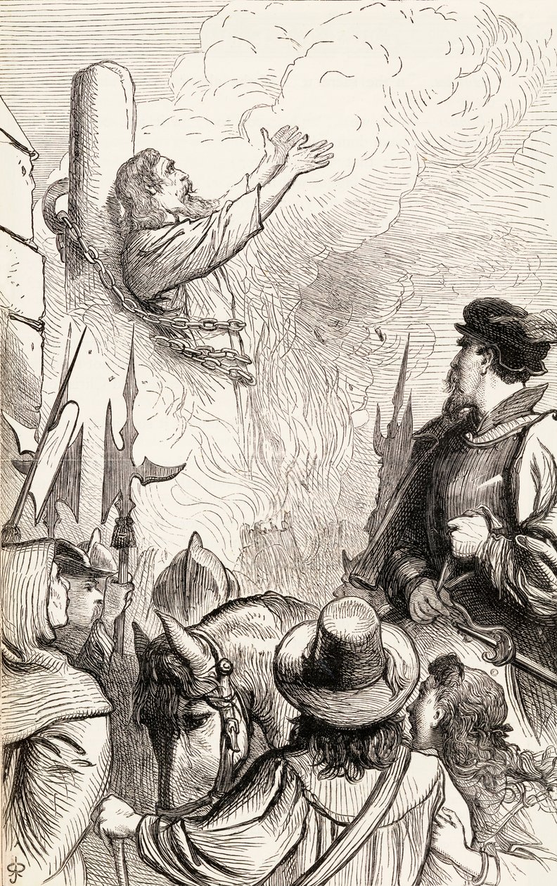 Thomas Hawkes, Marian Zulümleri sırasında kazıkta yakıldı, 1865 dolayları (ahşap gravür) by English School