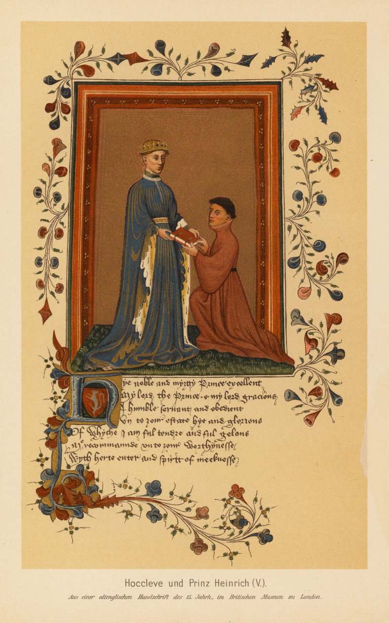 Thomas Hoccleve ve V. Henry (renkli taş baskı) by English School