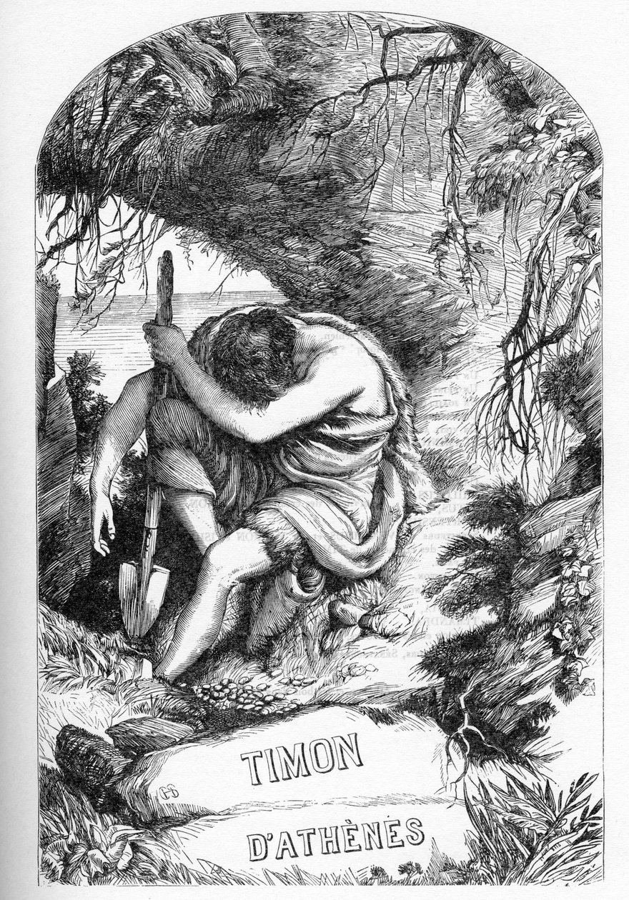 Atinalı Timon (Atinalı Tymon'ın Hayatı) - “” William Shakespeare'i Tamamlıyor”” da İllüstrasyon 1866 - Bu baskının çizimleri ve genel biçimi, Londra'da yayınlanan Cassell'in resimli Shakespeare'inden ödünç alınmıştır. by English School
