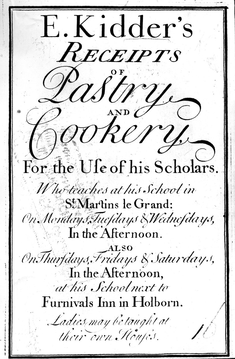 E. Kidders Pastacılık ve Aşçılık Makbuzları için Başlık Sayfası, Edward Kidder tarafından yayınlandı, c.1730 by English School
