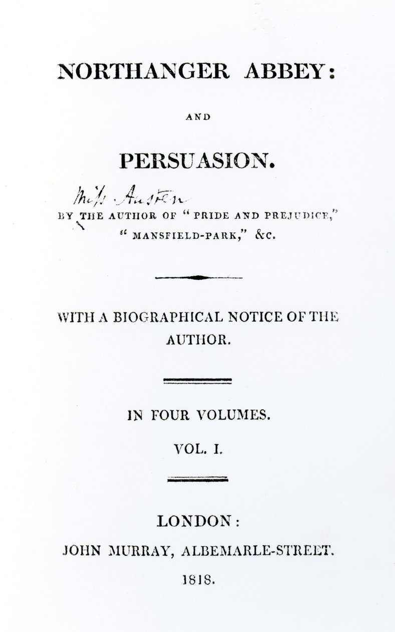 Northanger Manastırı ve İkna kitabının başlık sayfası, Jane Austen, ilk baskı, 1818 by English School