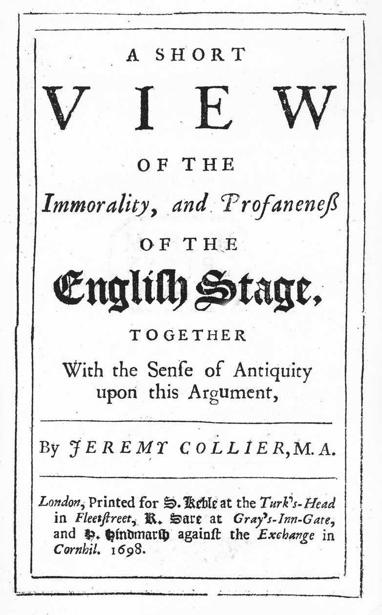 İngiliz Sahnesinin Ahlaksızlığına ve Küfürlüğüne Kısa Bir Bakışın Başlık Sayfası, Jeremy Collier, 1698 (basılı kağıt) by English School