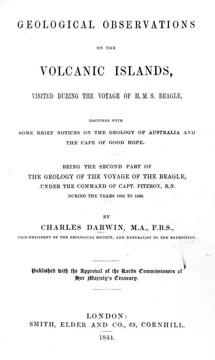 Charles Darwin, 1844 (basılı kağıt) tarafından Volkanik Adalarda Jeolojik Gözlemler başlığı sayfası by English School