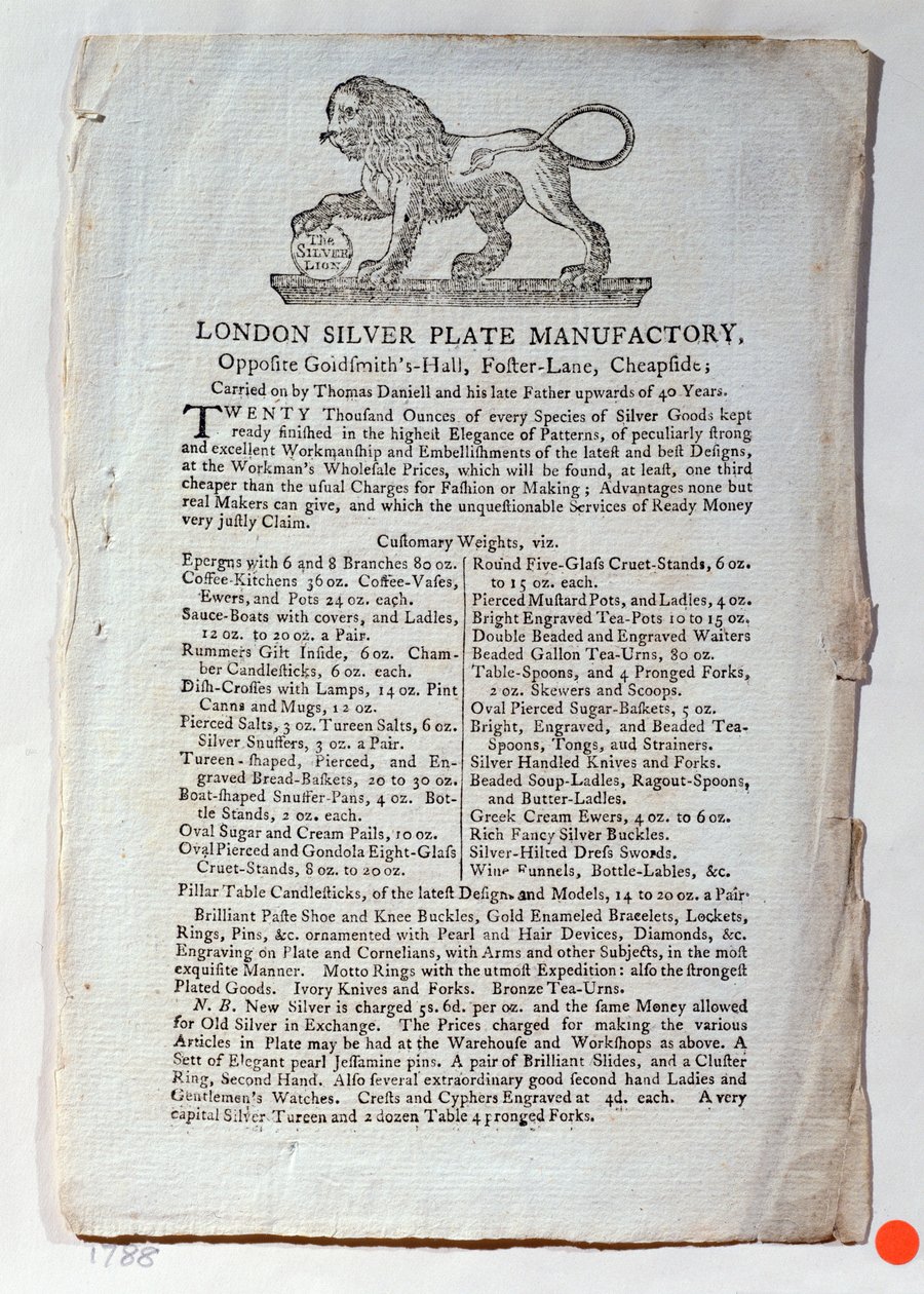 Londra Gümüş Tabak Fabrikası için ticaret kartı, 1788 by English School