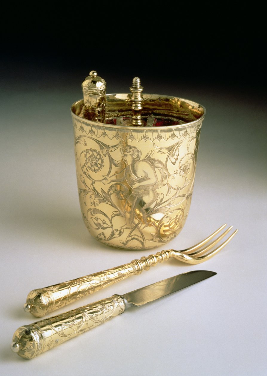 Bir bıçak, çatal, kaşık ve beherden oluşan seyahat seti, c.1690 (gümüş) by English School