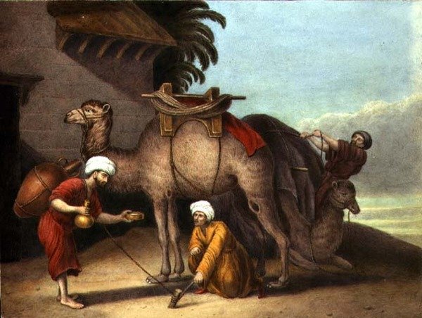 Refakatçili İki Deve, c.1825 (kağıt üzerine suluboya) by English School