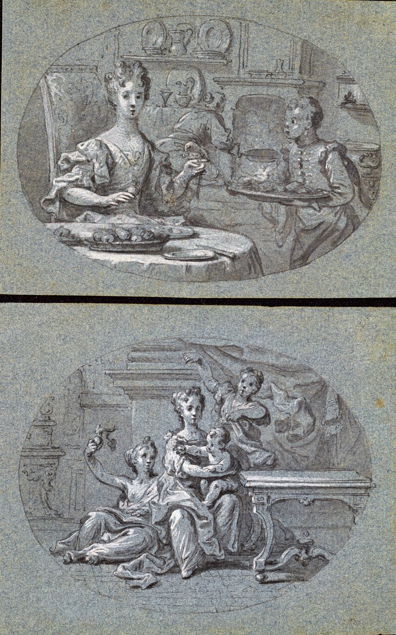 İki Ev Manzarası, c.1725 (mavi kağıt üzerine siyah beyaz tebeşir) by English School