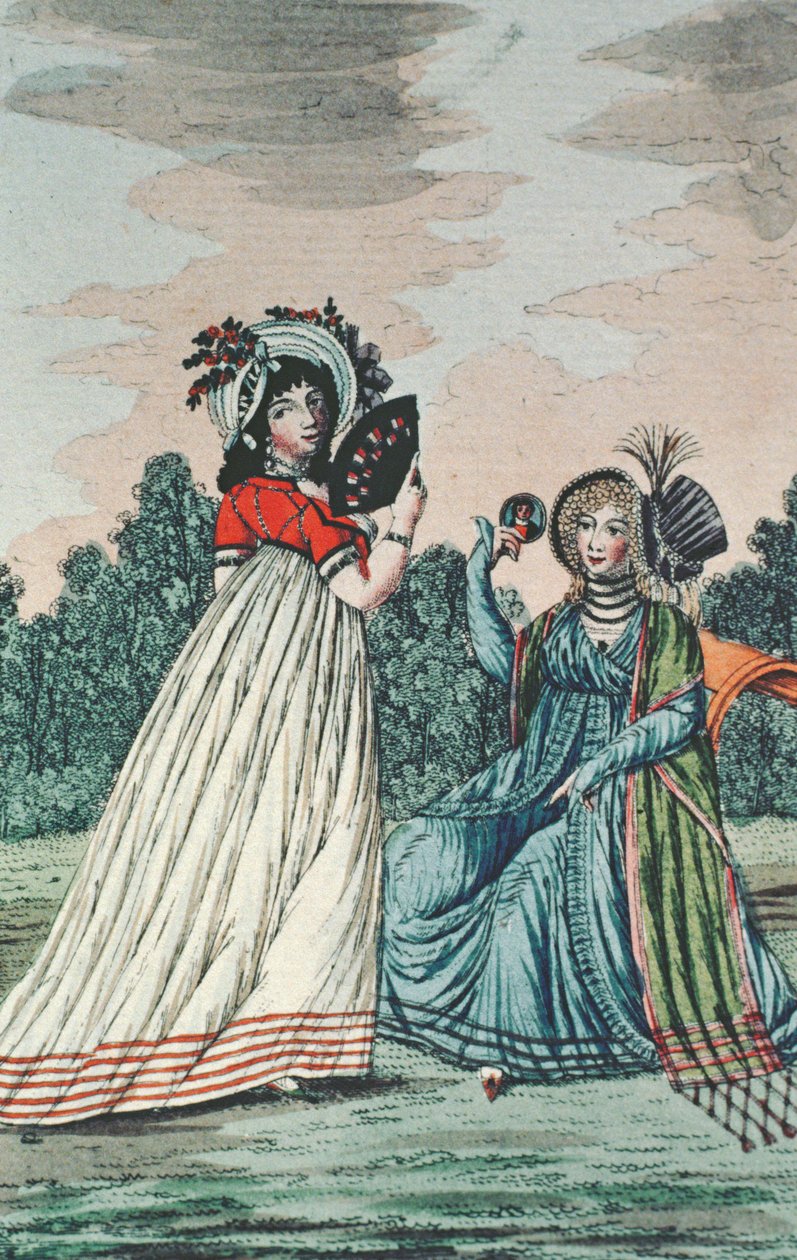 Bir Bahçede İki Şık Hanım, 1800 dolayları (renkli gravür) by English School