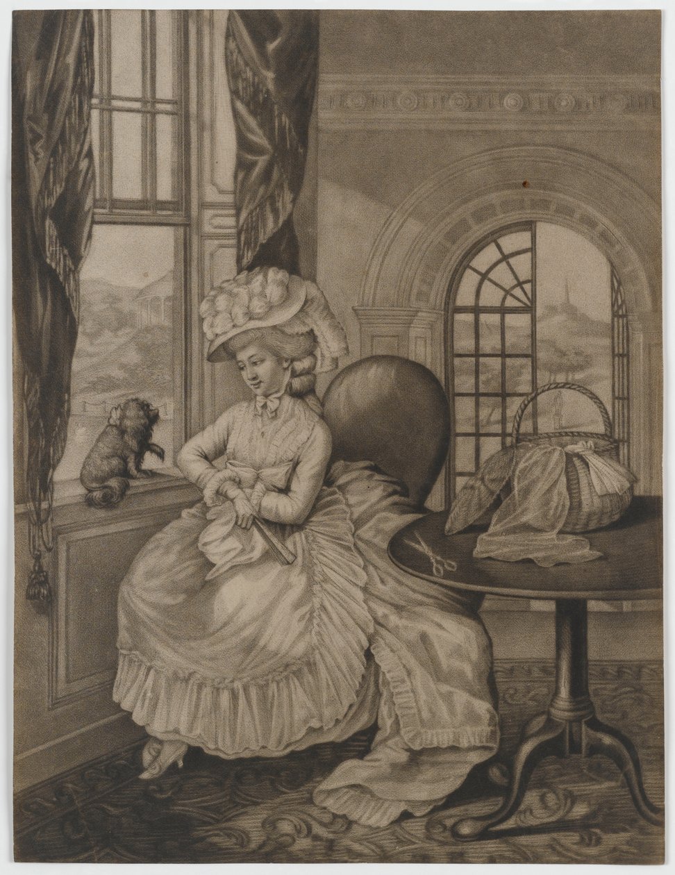 İsimsiz (pencerede oturan ve küçük bir köpeğe bakan kadın), c.1780 (mezzotint) by English School