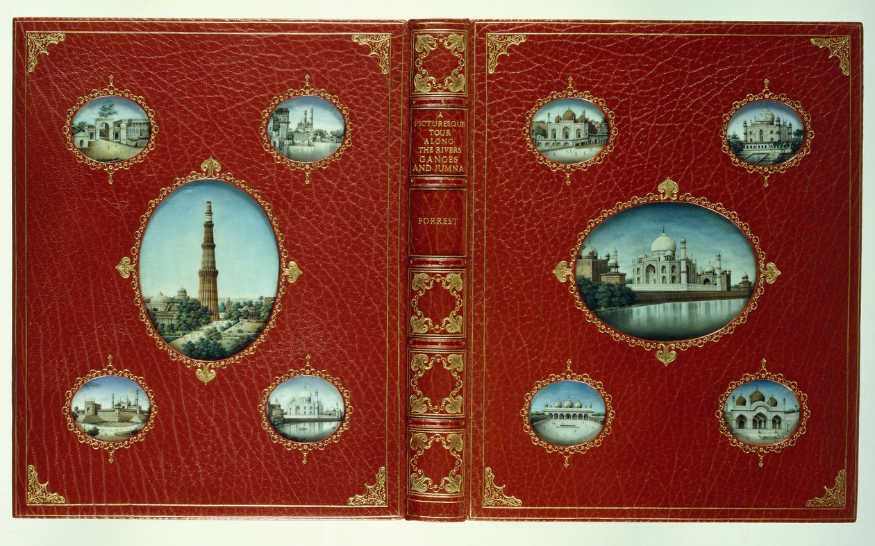 Üst ve alt kapaklar, yaldızlı bordürlü on oval cami minyatürü by English School