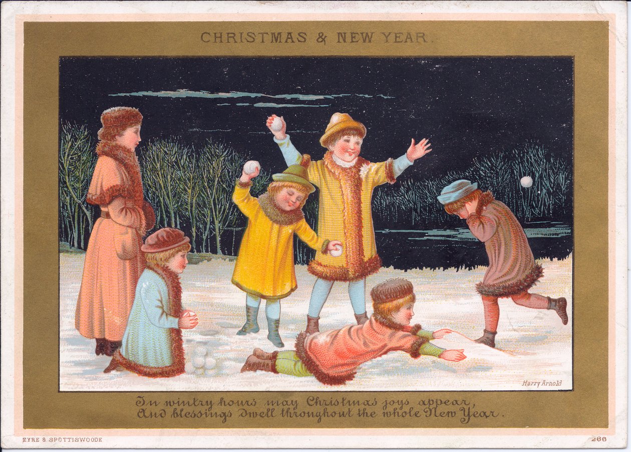 Karda oynayan ve kartopu atan çocukların Viktorya dönemine ait Noel ve Yeni Yıl kartı, 1880 dolayları (renkli taş) by English School