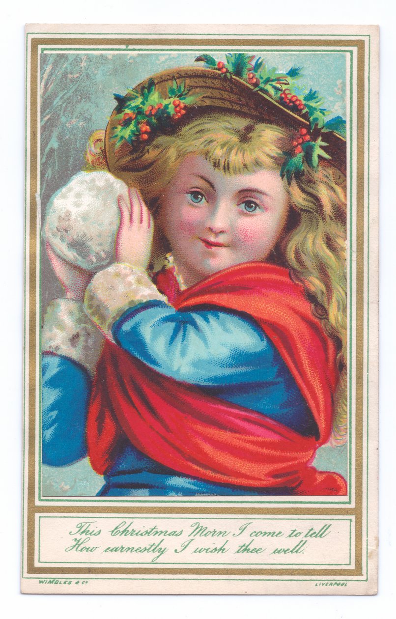 Bir kartopu tutan çobanpüskülü ile şapka takan bir çocuğun Viktorya dönemine ait Noel kartı, 1880 dolayları (renkli taş) by English School