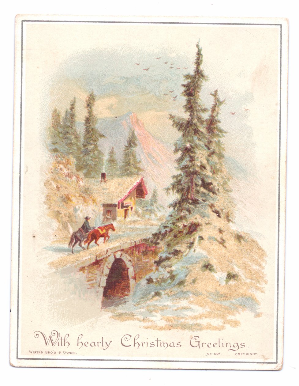 Köprüden geçen bir adam ve iki attan oluşan Viktorya dönemi Noel kartı, 1880 dolayları (renkli taş) by English School