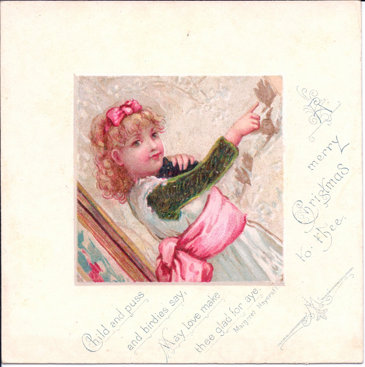 Bir kediyi tutan ve parmağıyla bir şeyi işaret eden genç bir kızın Viktorya dönemine ait Noel kartı, 1880 dolayları (renkli taş) by English School