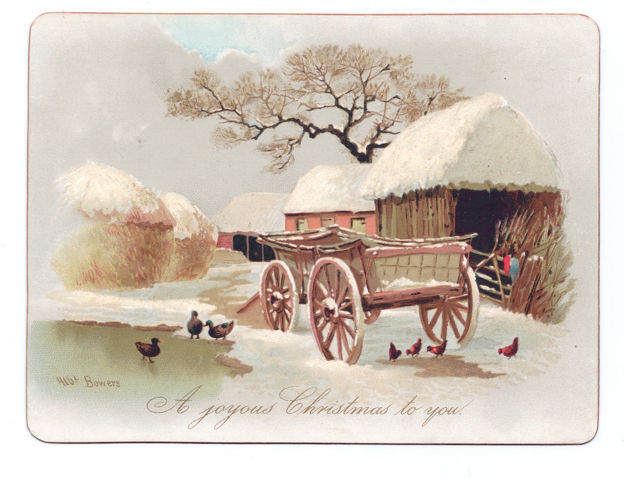 Çiftlik bahçesindeki bir göletin yanında ördekler ve tavuklardan oluşan Viktorya dönemi Noel kartı, 1880 dolayları (renkli taş) by English School