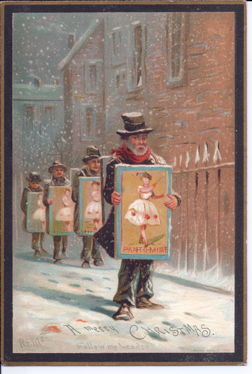 Karda yürüyen dört adamın pandomim reklamı yapan panoları taşıdığı Viktorya dönemi Noel kartı, 1880 dolayları (renkli taş) by English School