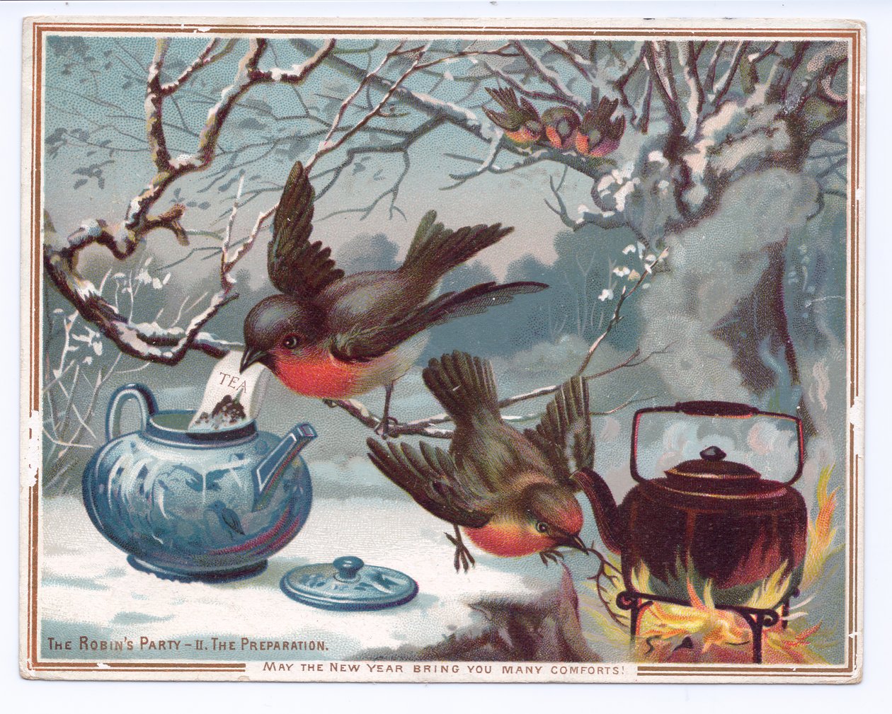 Karlı bir kış gecesinde çay yapan robins Victoria Yeni Yıl kartı, c.1880 (renkli taş) by English School