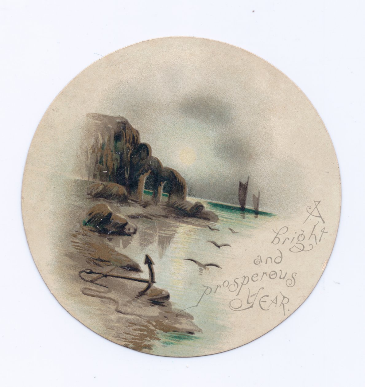 Mehtaplı bir gecede iki yatlı bir deniz manzarasının Viktorya dönemi dairesel Yeni Yıl kartı, c.1880 (renkli taş) by English School