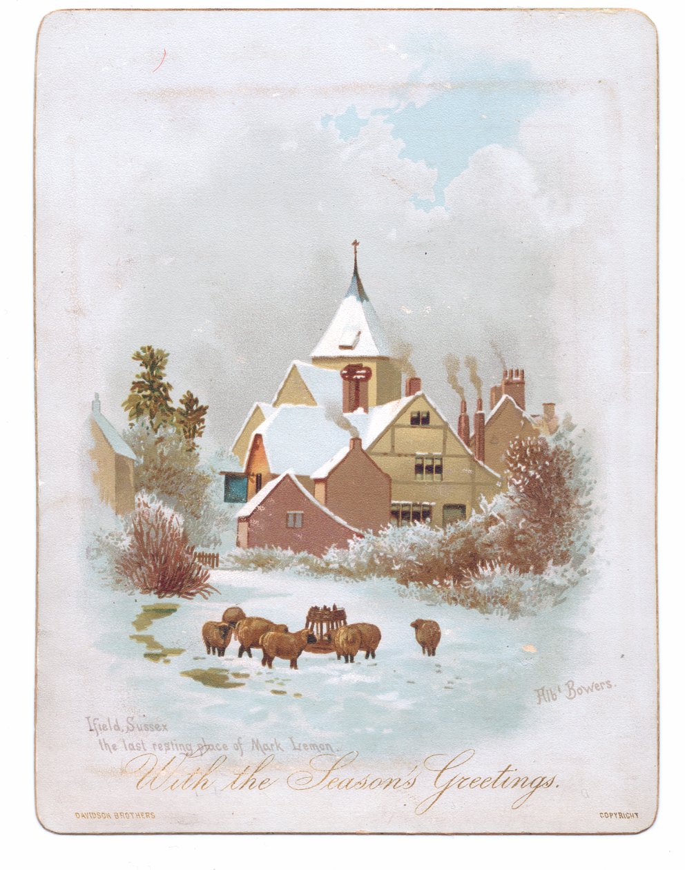 Karda bir kilisenin yakınında dolaşan koyunların Viktorya dönemine ait tebrik kartı, 1880 dolayları (renkli taş) by English School