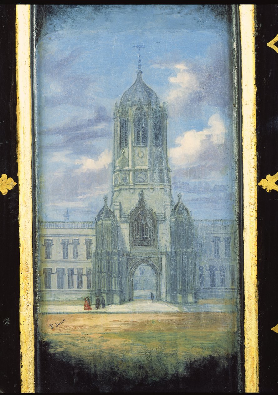 Christ Church, Oxford (kağıt mache) sahnesiyle süslenmiş Viktorya dönemi dikiş dolabı paneli by English School