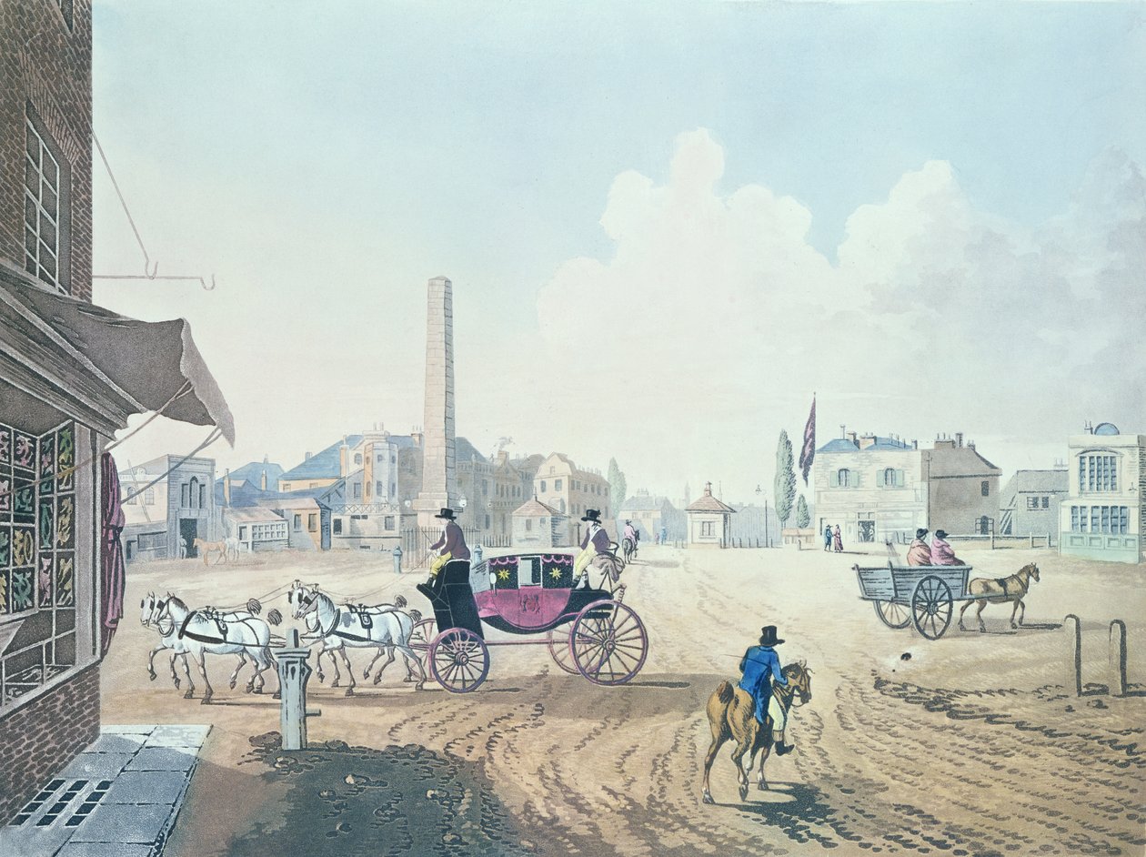 Londra No.2, St. George Yolu Girişi veya Kraliyet Sirki Manzaralı Dikilitaş Paralı, Dagaty Delin und Sculp tarafından oyulmuş-, 1787 (el renkli gravür) by English School