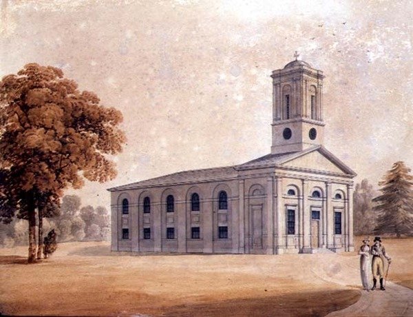 Bir Parkta Neo-Klasik Kilise Görünümü, c.1790 (kağıt üzerine suluboya) by English School