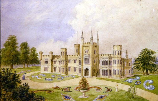Resmi bir bahçeye sahip gotik tarzda bir kır evinin görünümü, 1840 dolayları (kağıt üzerine sulu boya) by English School