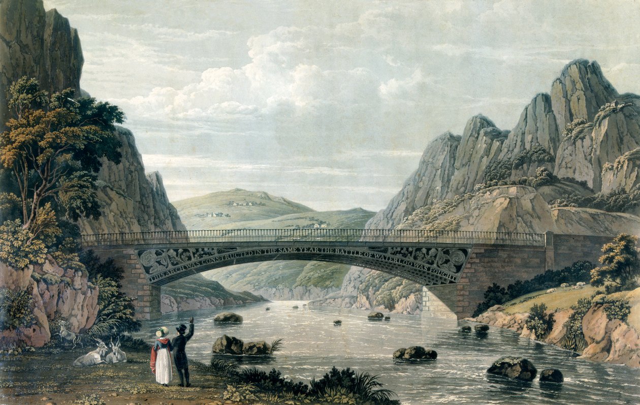 Conwy Nehri üzerindeki Waterloo Köprüsü, Galler (renkli gravür) by English School