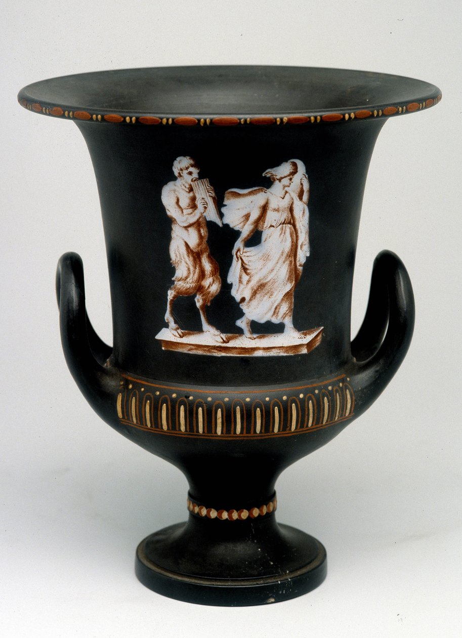 Genç bir kızı betimleyen Wedgwood vazo ve "" çini" ile boyanmış siyah seramik bir satir. İngiltere, yaklaşık 1775 - 1790. Madalya Ofisi, Paris