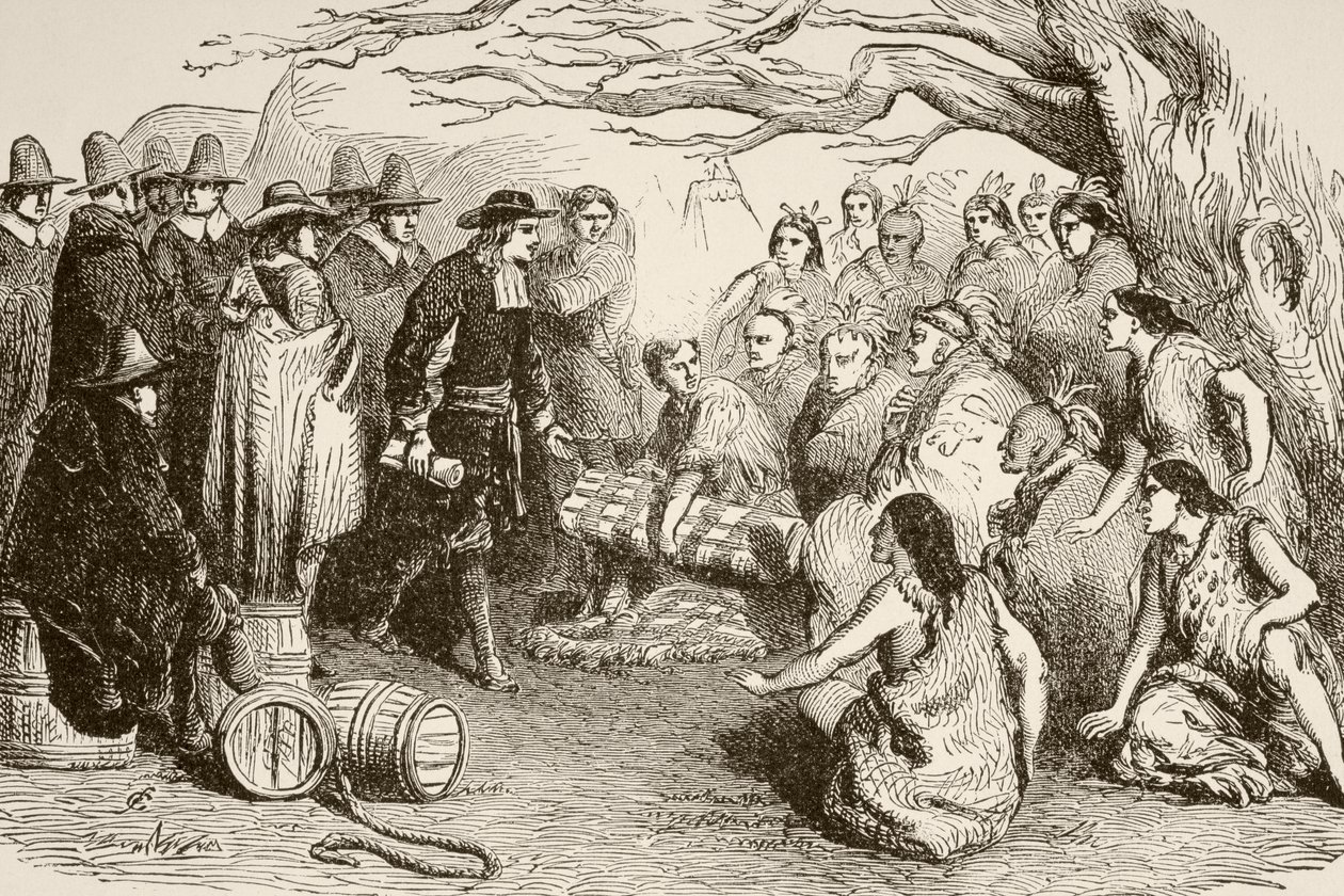 William Penn, 1682'de Delaware veya Lenape Kızılderilileriyle bir anlaşma yapar (litho) by English School
