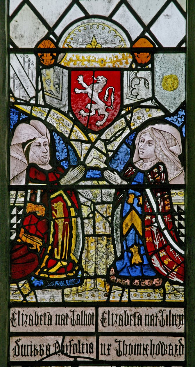 Yukarıdaki Mowbray ailesinin arması ile Norfolk Düşesi Elizabeth Talbot ve Surrey Kontesi Elizabeth Tilney