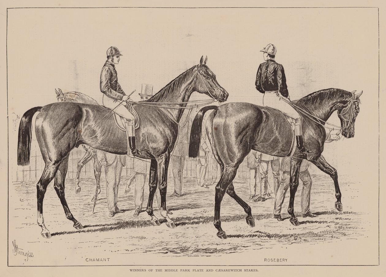 Middle Park Plate ve Caesarewitch Stakes kazananları (gravür) by English School