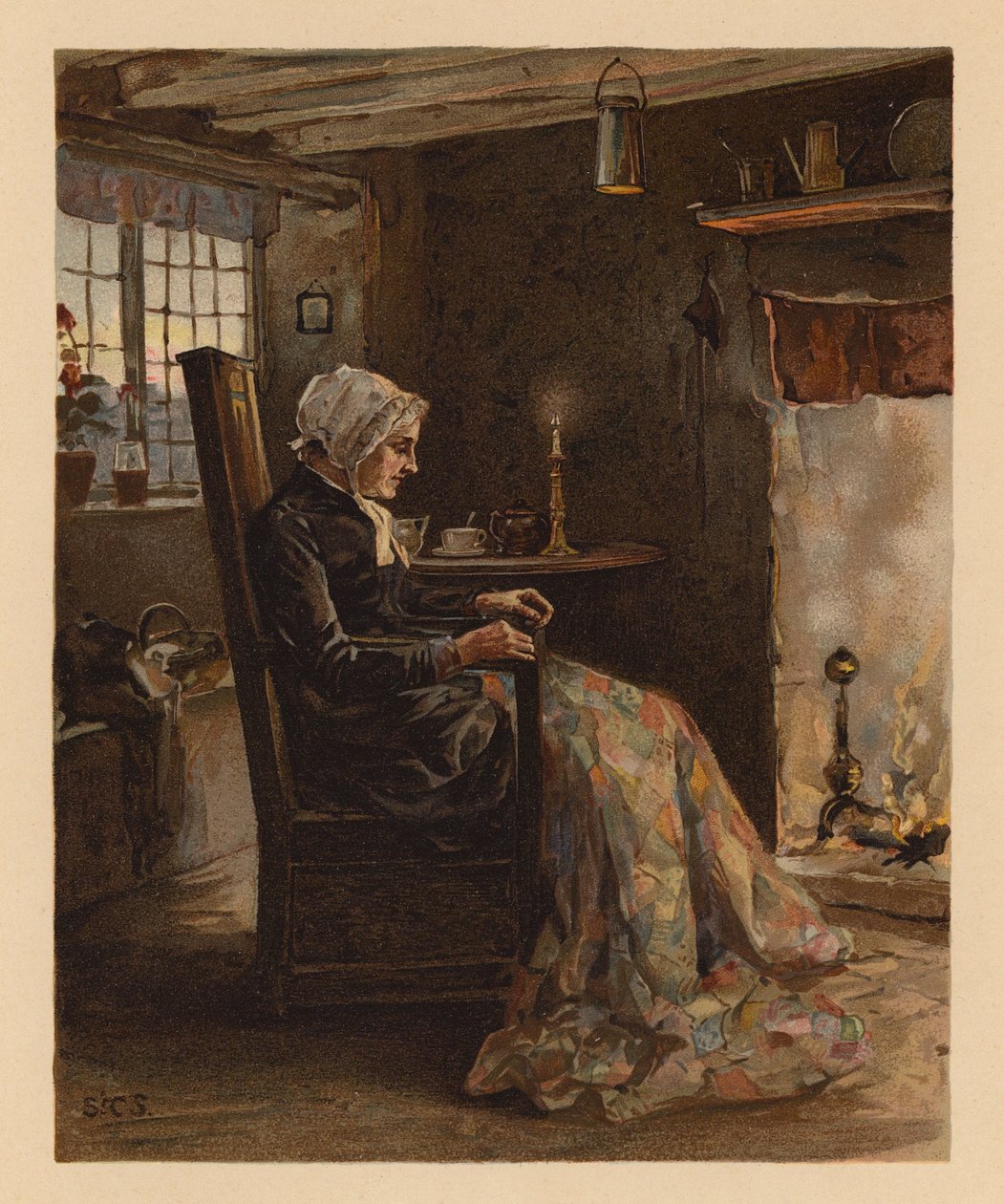 Kırkyama yorgan diken kadın (kromolito) by English School