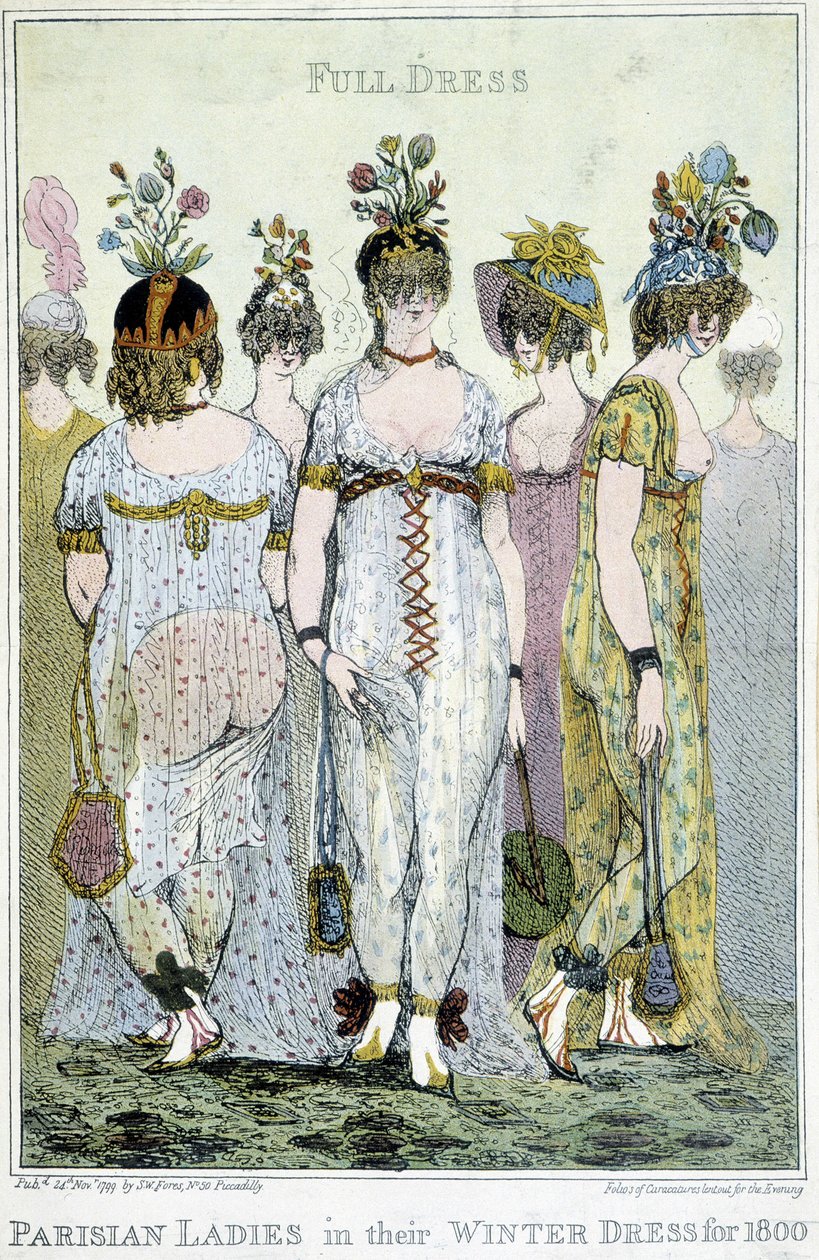Harika: 1800 için kışlık elbiseleriyle Parisli kadınlar, İngiliz çizgi filmi. by English School