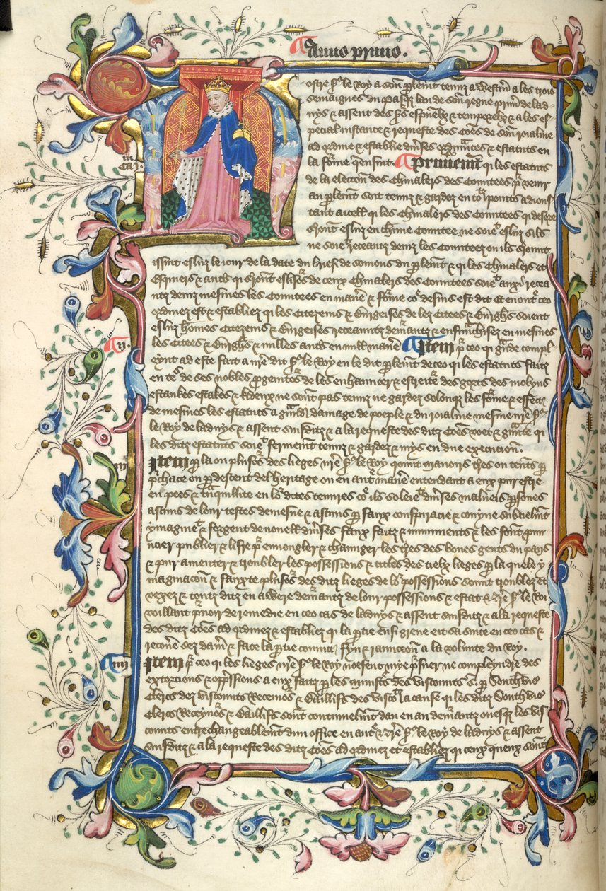 Yates Thompson 48, f.172v V. Henry'nin tarihsel baş harfi 'N'(ostre) ve Tüzüklerinin başında 'Nova Stauta'dan (parşömen) tam yapraklı bir kenarlık by English School