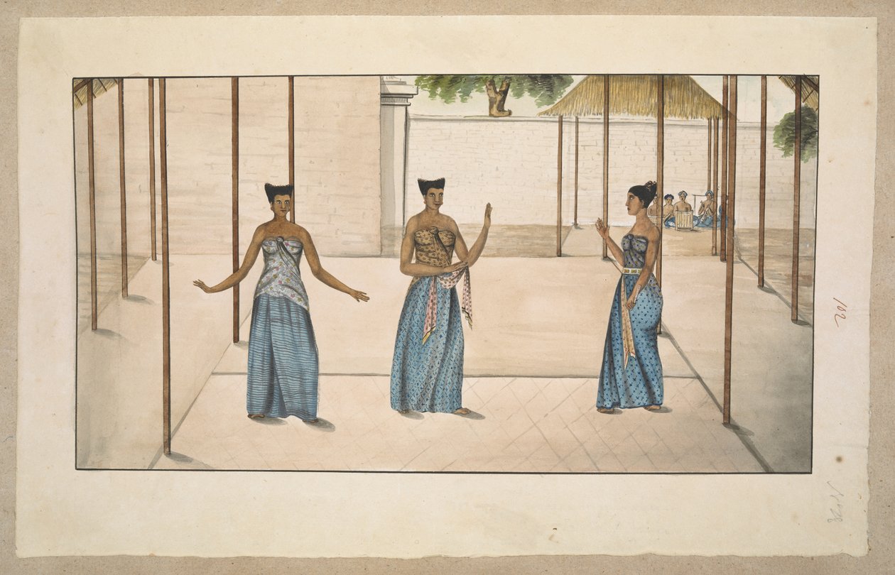 f.91 (102) Üç “serimpi” saray dansçısı ve “gamelan” orkestrası, muhtemelen Solo veya Jogja 1811-13