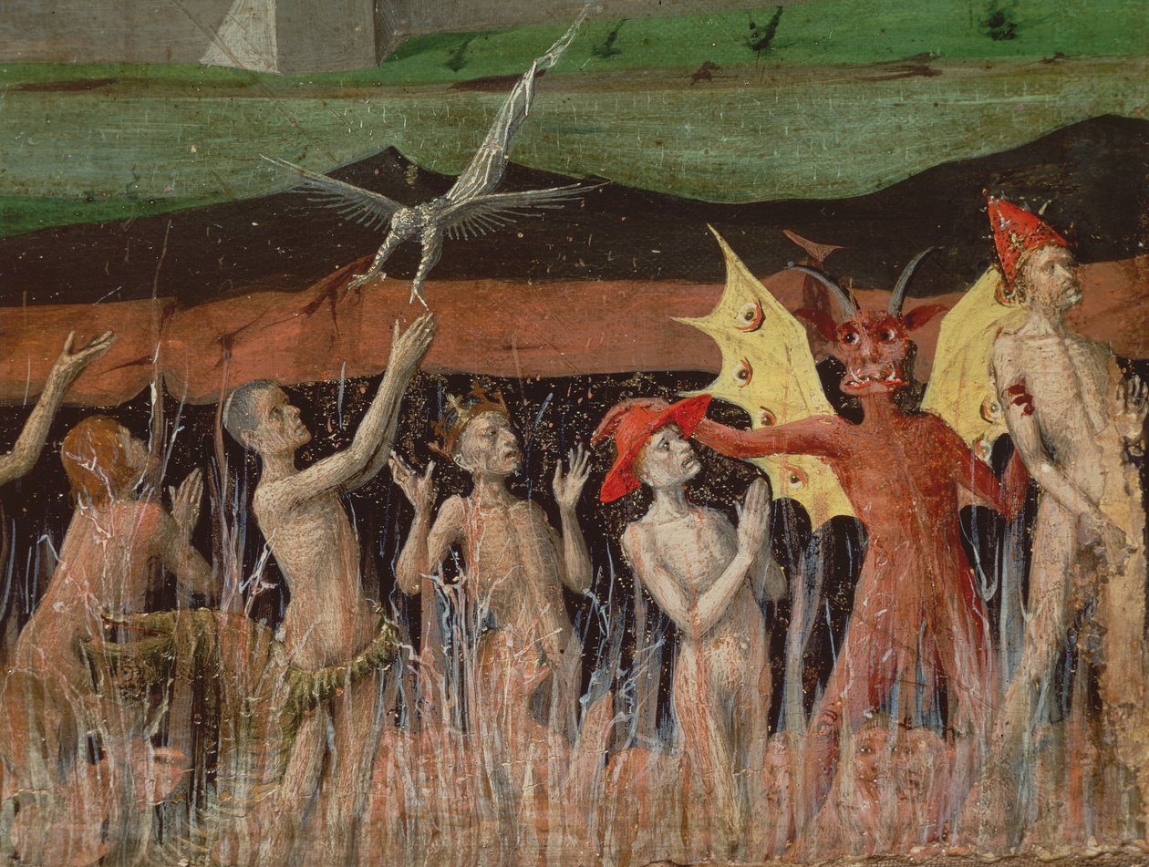 Resurrection of the dead, demon, detail from the Coronation of the Virgin, 1453-54  by Enguerrand Quarton