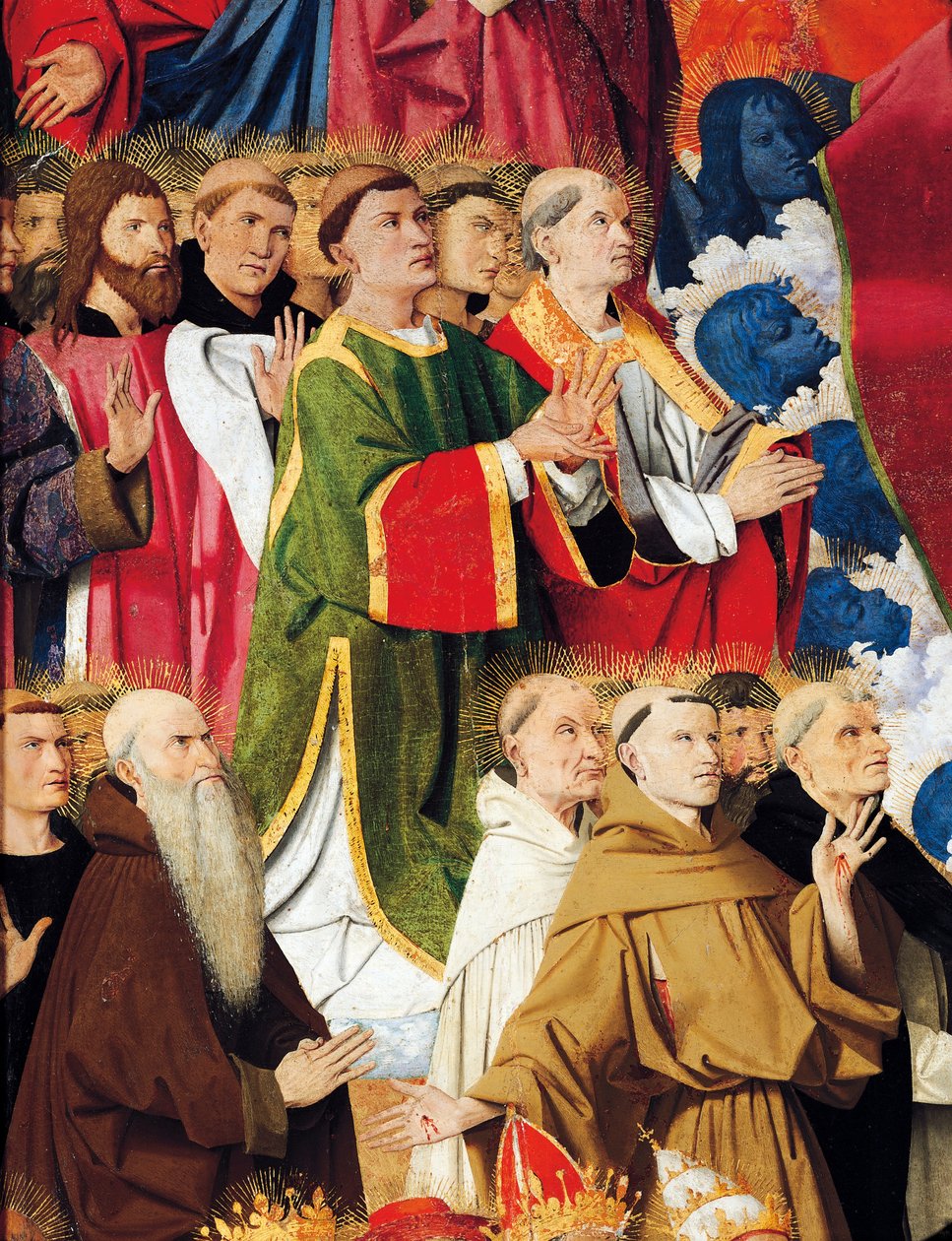 Dini tarikatlar ve din adamları, Enguerrand Quarton'ın (1410-1466 dolaylarında) Virgin Altarpiece'in Taç Giyme Töreni'nden detay, panelde tempera by Enguerrand Quarton