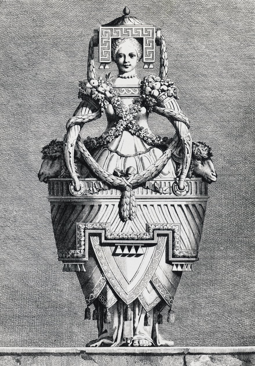 Antropomorfik vazo, Yunan gelini, Masquerade la Grecque, Suite des Vases and Cheminees, Parma'dan Ennemond-Alexandre Petitot (1727-1801) tarafından gravür by Ennemond Alexandre (after) Petitot